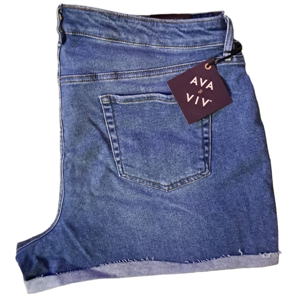 Ava & Viv button fly midi stretch cuffed blue denim Jean Shorts - Picture 3 of 9